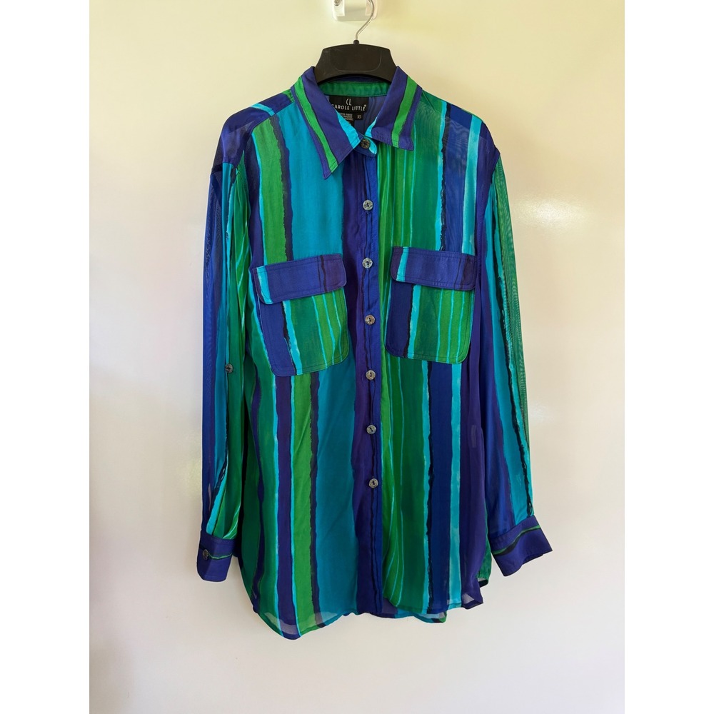 Vintage Carole Little Sheer Striped Button Down Shirt Blue Green Rayon Size 10
